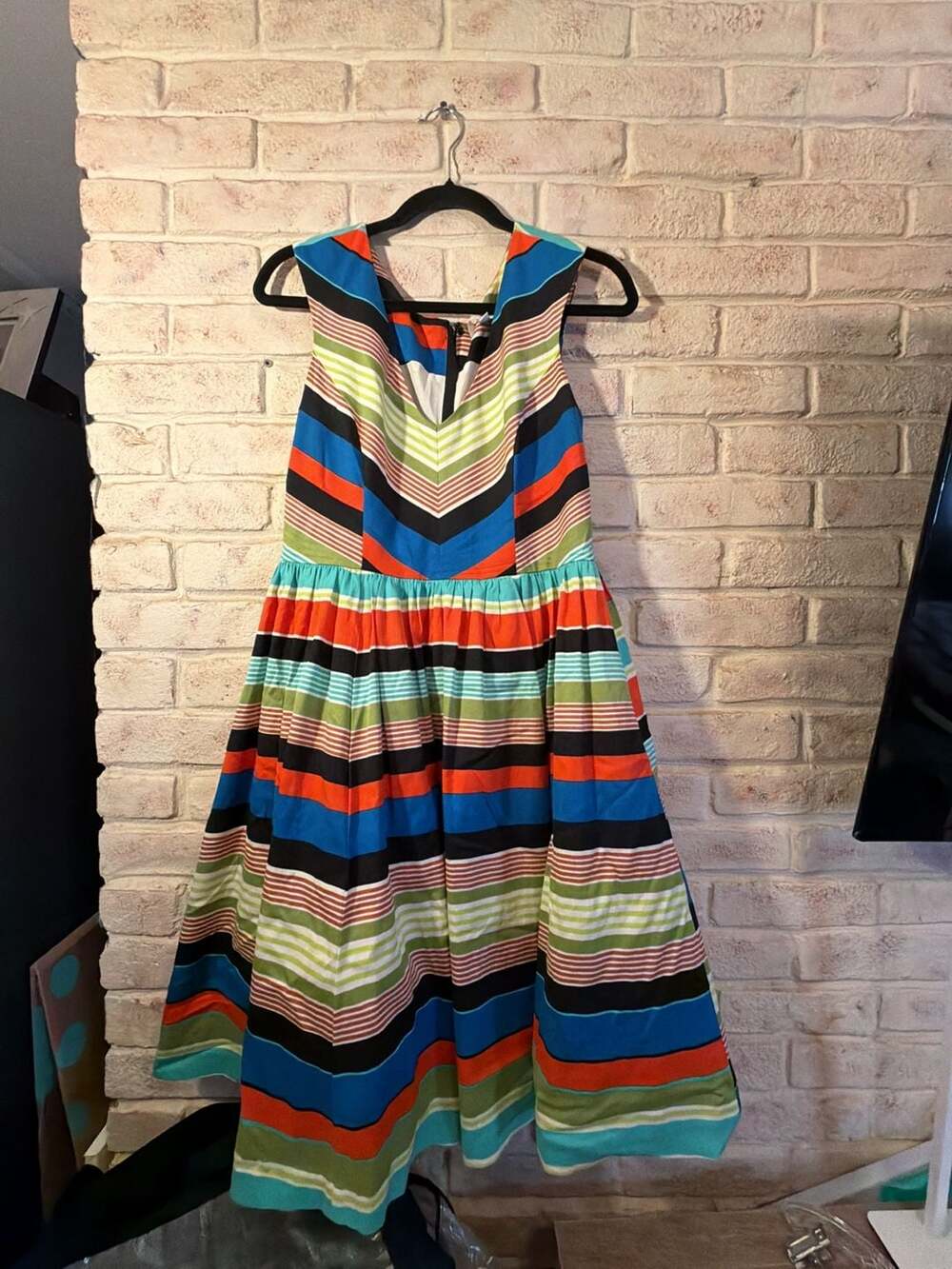Tracy Reese Multicolor Striped V-Neck Fit and Flare Midi Dress